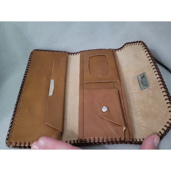 Leather Suede Trifold Wallet Side Stitch Ostrich Woven Edge - Picture 3 of 12